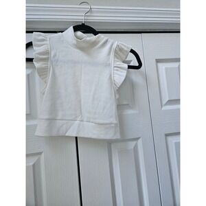 White Ribbed Mock Neck Ruffle Shoulder Sleeveless Crop Top Small